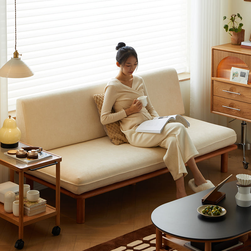 Japanese-style casual solid wood sofa, suitable for small living rooms, armless, two-seater, retro, lazy, minimalist style fabric sofa.